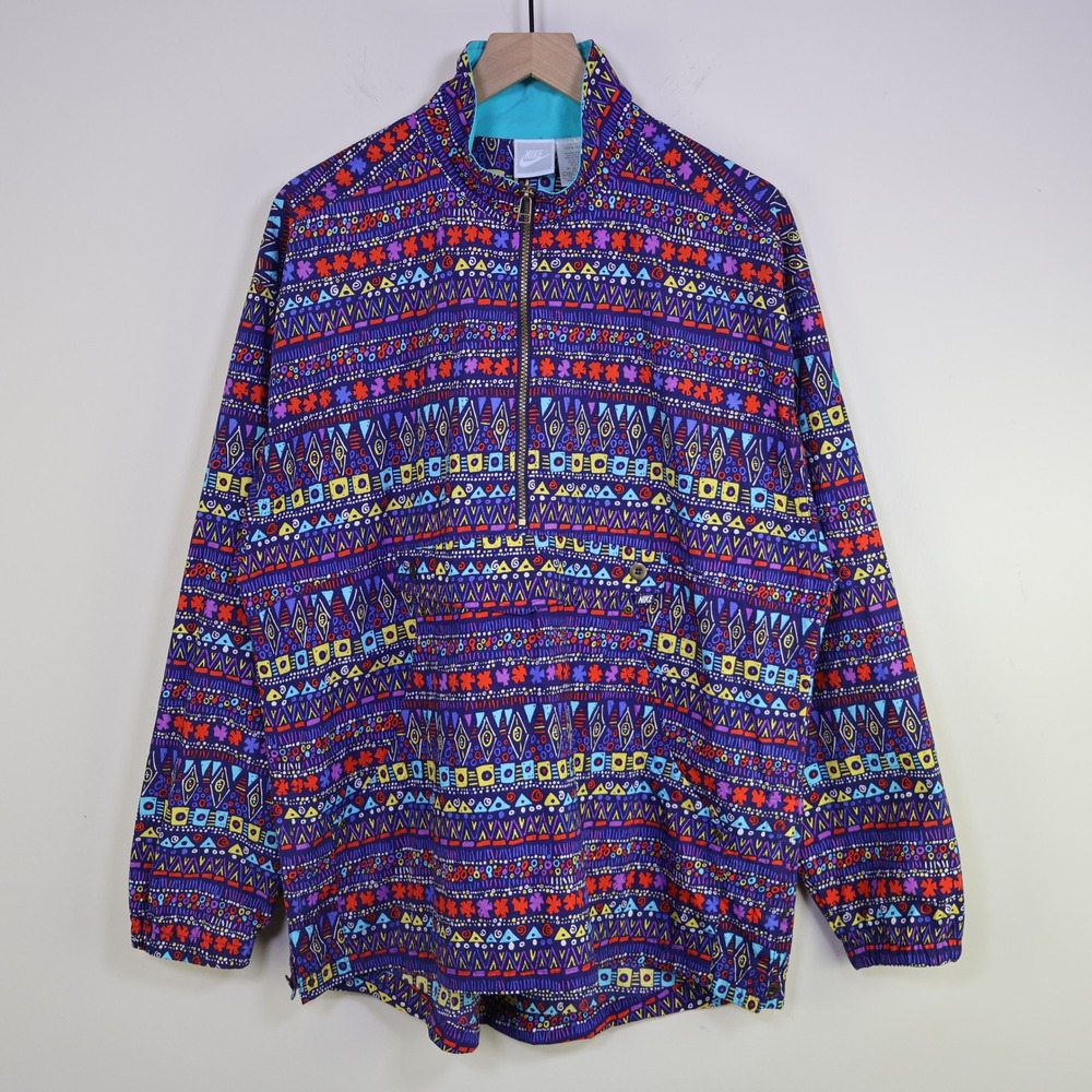 Vintage 90s‎ Nike Tribal Geometric Print Half Zip Windbreaker Large Retro Purple